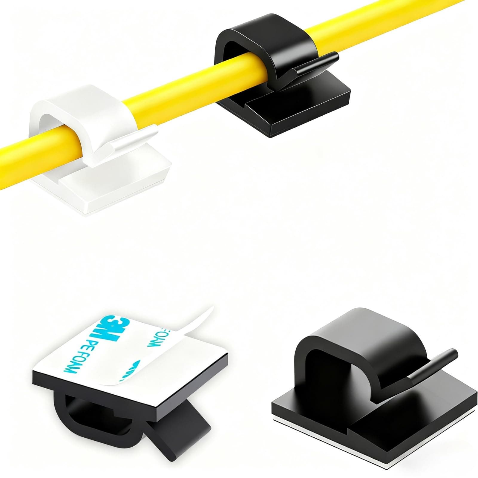 Topavatop 100 PCS Adhesive Cable Clips, Cord Organizer for Cable Management Clips, Wall Wire Holder for Cables, Strong Cord Clips for Wall, Desk, Car, TV, Ethernet Cable (Small, White&Black)