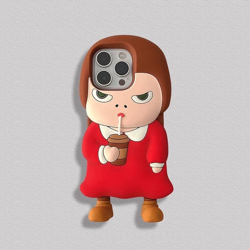 Soft Silicone Phone Case for Apple 3D Cartoon Japanese Drinking Girl Red and Brown Color Cool Fun Funny Cute Lovely Adorable Kids Girls (for iPhone 16 Pro)