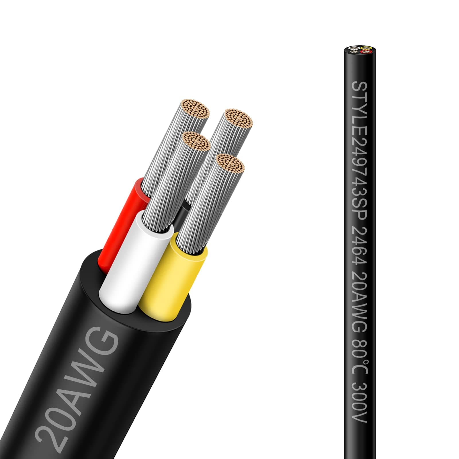 20 Gauge 4 Conductor Electrical Wire, 50FT 20AWG Black PVC Stranded Tinned Copper 4 Wire Cable, 20/4 Cord Extension Cable for LED Lamp Lighting, Automotive, Speaker, Audio, Power etc.