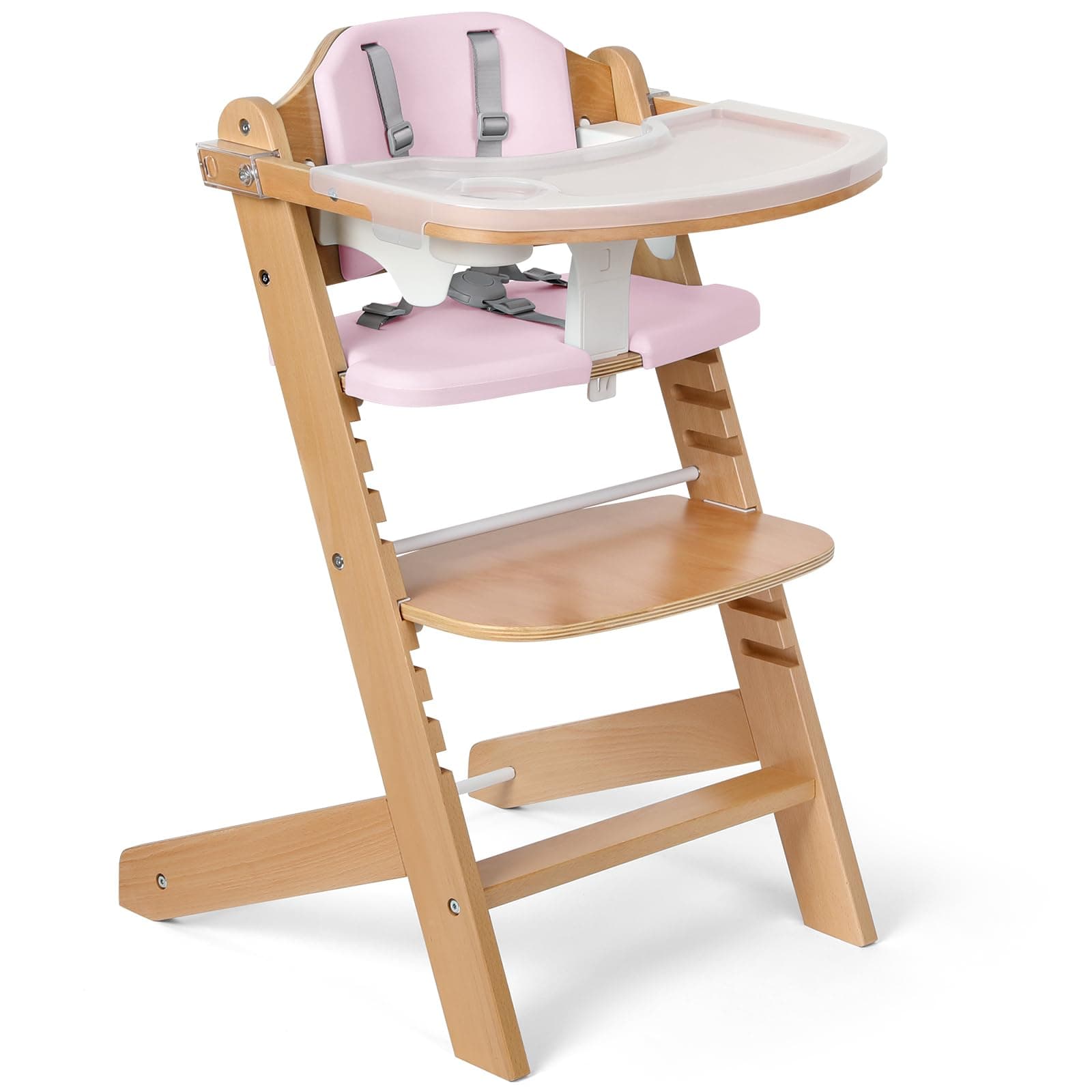 Cowiewie Natural Wooden High Chair for Babies & Toddlers 3-Tier Remove Adjustable Tray and Highchair with Cushions, Easy to Clean(Pink)