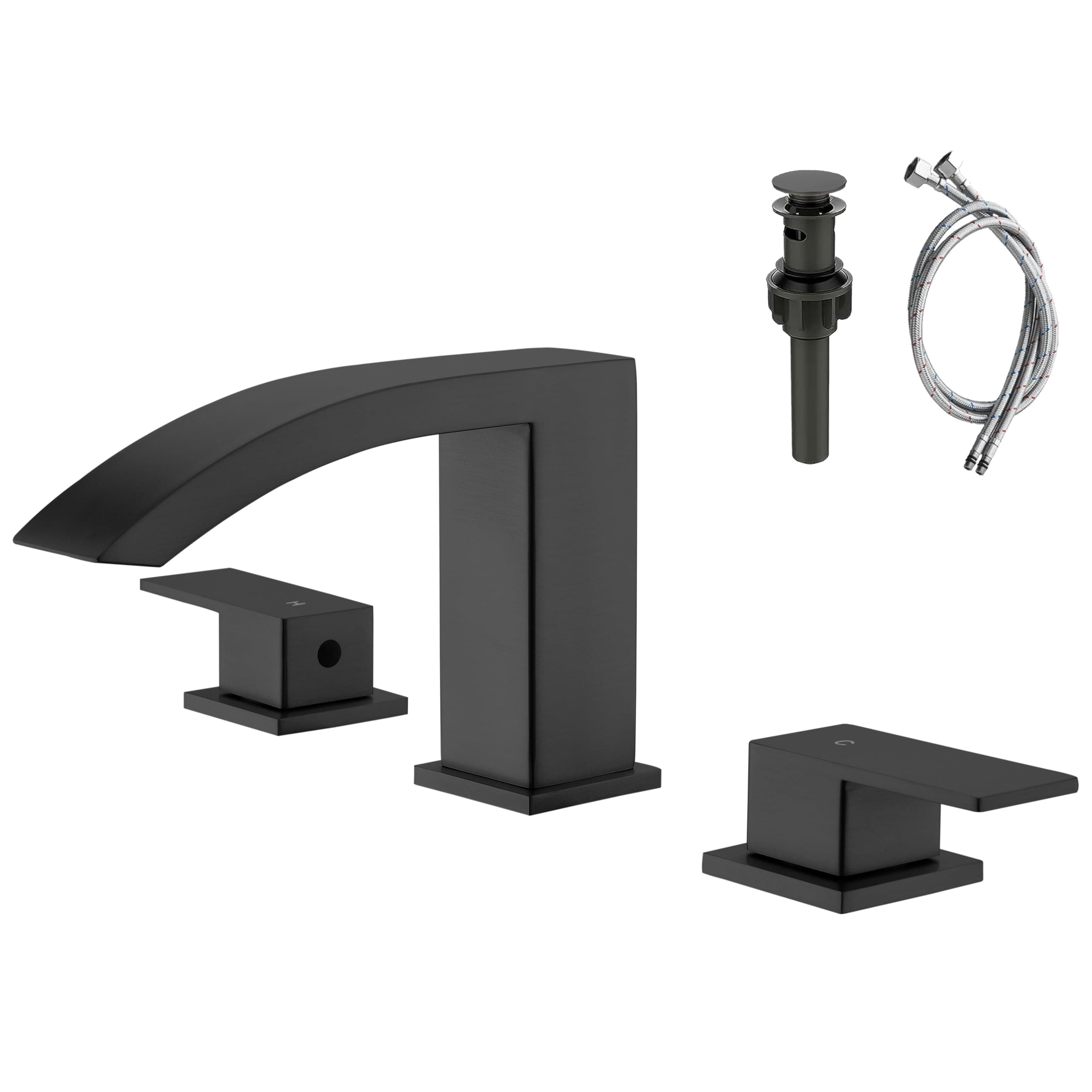 FELIXBATH Waterfall Bathroom Sink Faucet, 3 Holes Two Handles Bathroom Faucet with Pop Up Drain and 2 Water Supply Lines, 8 inch Widespread Bathroom Sink Faucet Matte Black