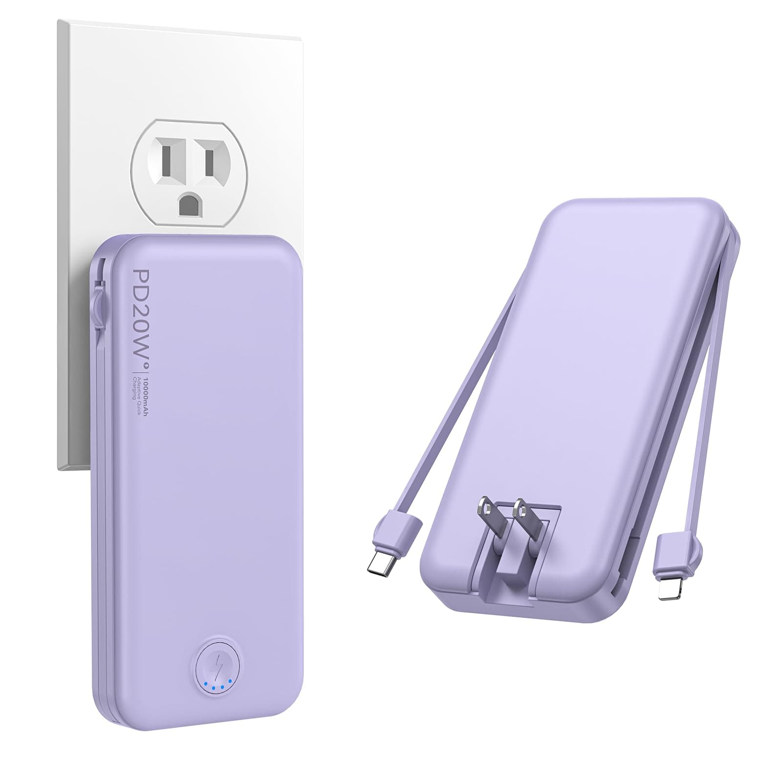 Nusyddy Portable Charger, 10000mAh PD20W Fast Charging Power Bank with Built-in Cables & Wall Plug, USB C Battery Phone Charger for iPhone
