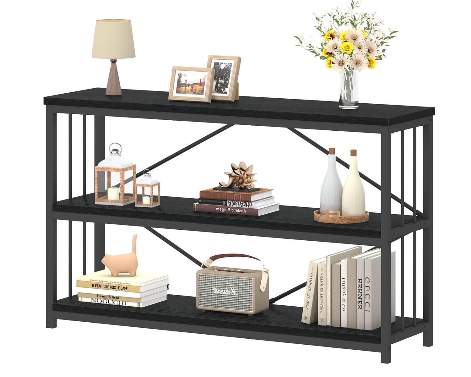 IBF Low Horizontal Book Shelf, Industrial Modern 3 Tier Bookshelf, Farmhouse Short Open Storage Organizer Long Shelf, Simple Wide Wood Metal Sturdy Etagere for Bedroom Living Room, Black Oak, 47 in