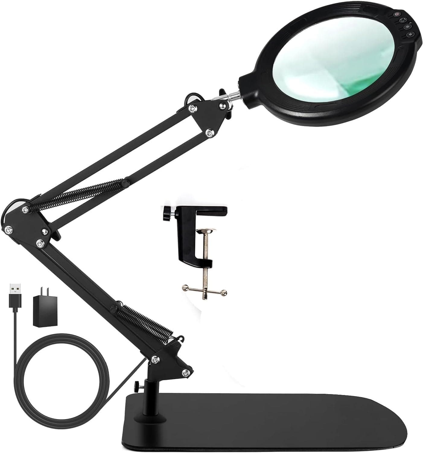 12X Magnifying Glass with Light and Stand, 5.2" Large Magnifier with 5 Color Modes 10 Dimmable Brightness, 2-in-1 Desk Lamp with Clamp Hands Free Magnifying Glass for Close Work, Repair Craft