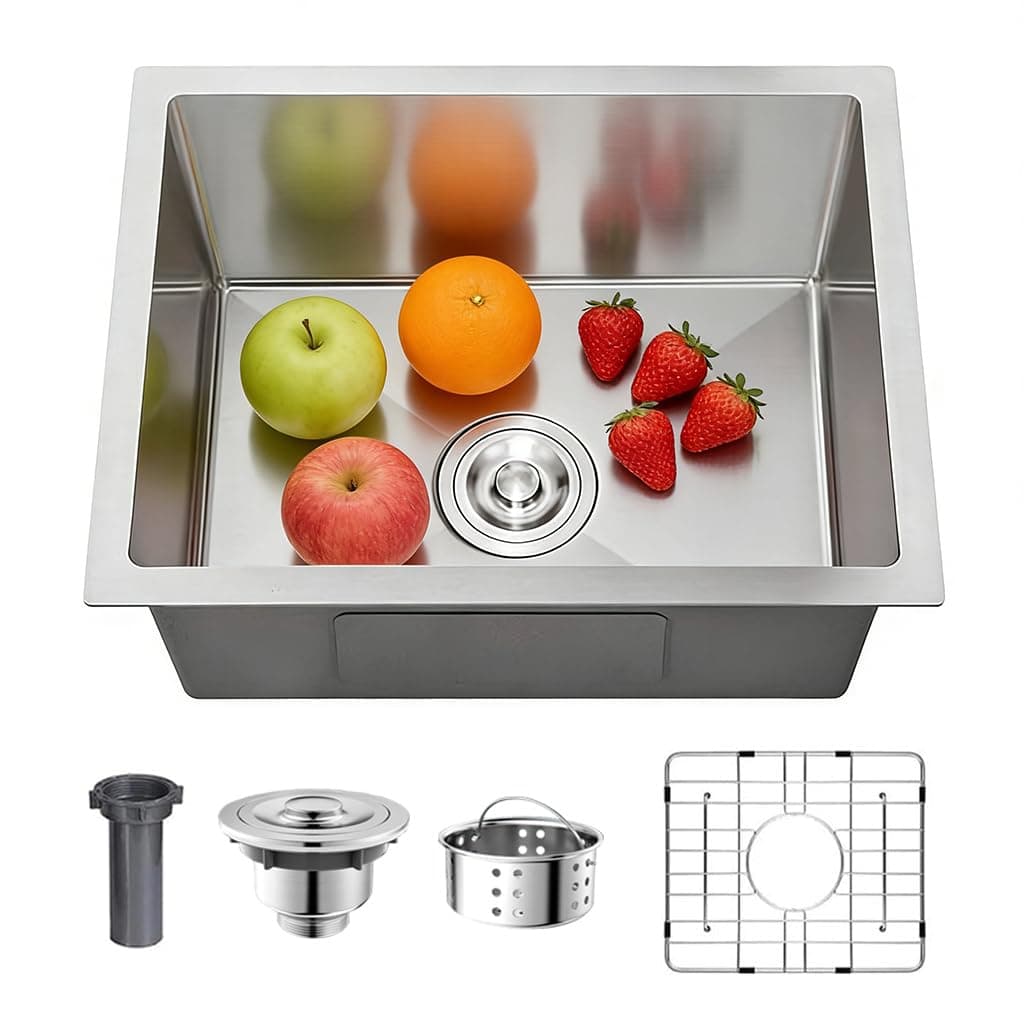 18 x 19 Inch 304 Stainless Steel Undermount Bar Sink,Silver Gray Single Bowl Workstation Kitchen Sink with Protective Bottom Grid for Camper,RV Sink