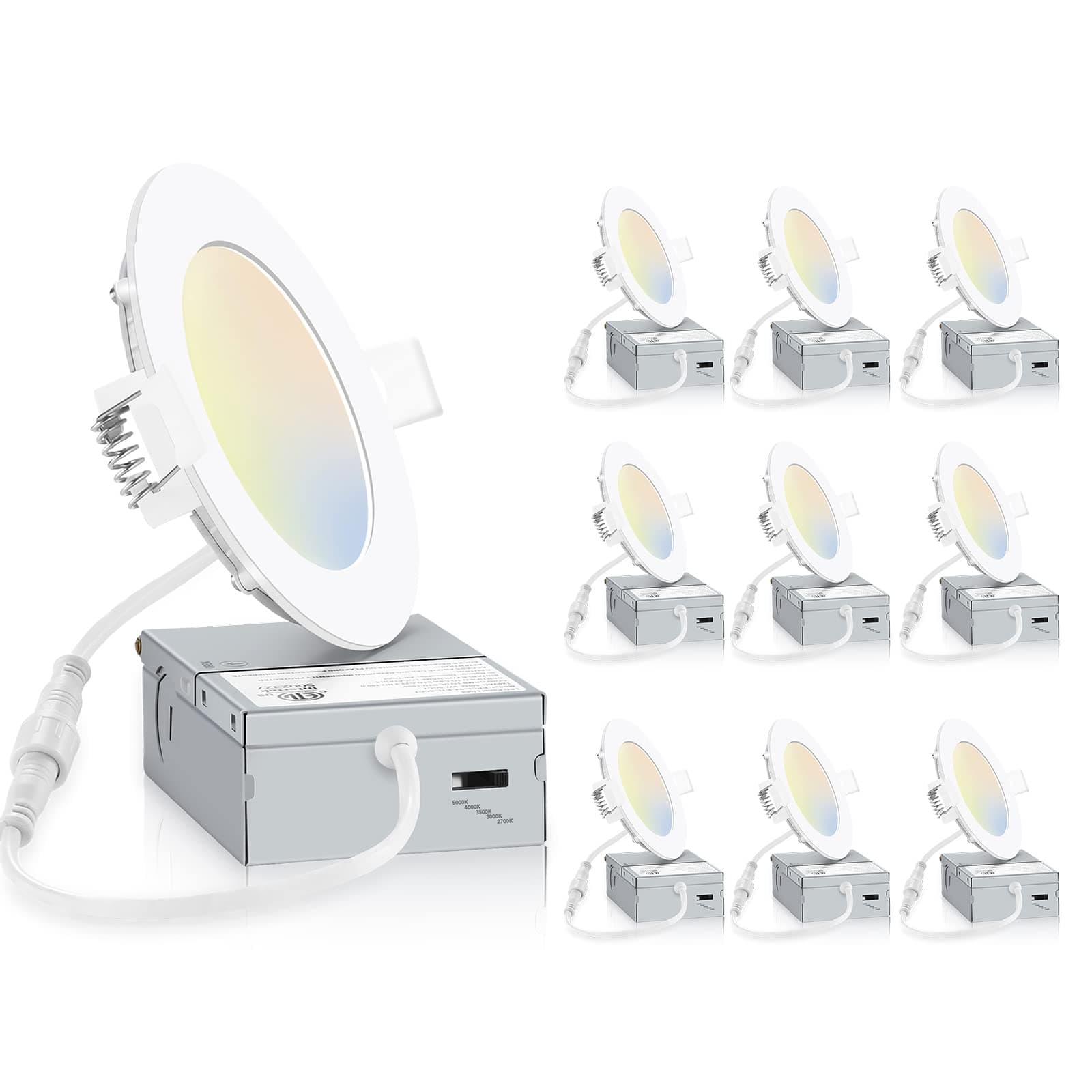 INCARLED 4Inch 10Pack 5CCT LED Recessed Slim Pot Light with Junction Box,