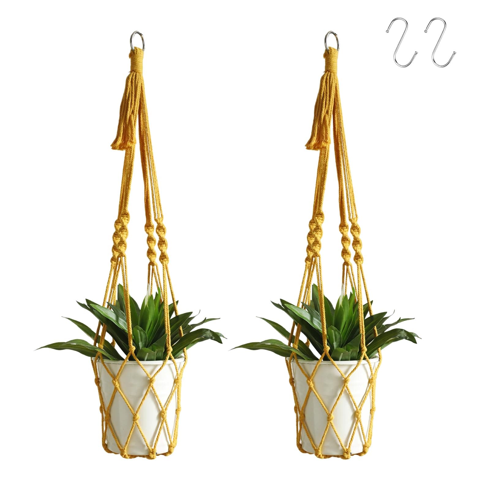 Artilady Boho Macrame Plant Hangers - Handmade Hemp Rope Hanging Baskets for Plants with Ceiling Hooks, Bohemian Home Decor Wall Art (Ginger-Yellow)