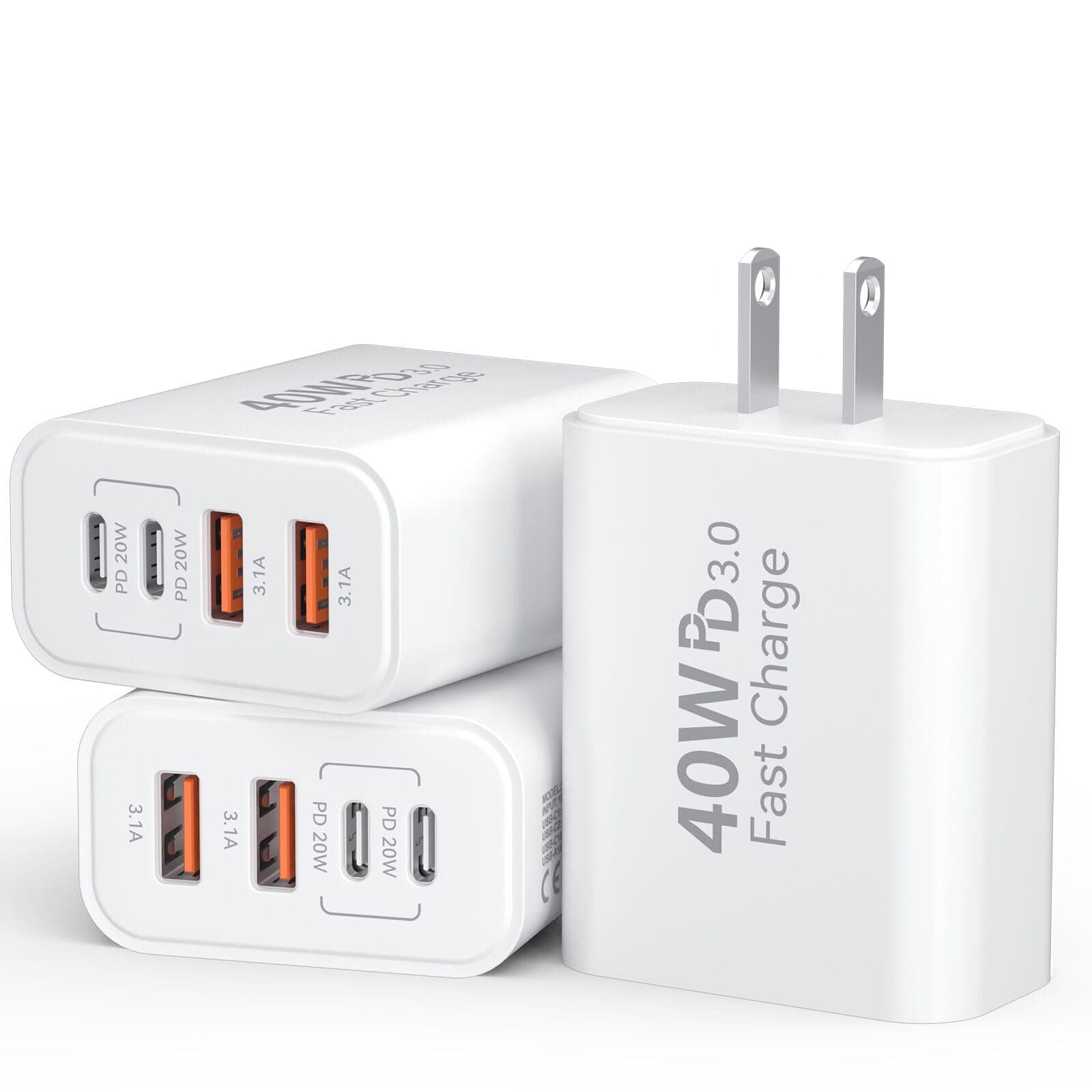 USB C Charger Block, 3Pack 40W 4 Ports Type C Fast Phone Charging Cubes PD 3.0 Wall Plug+ QC 3.0 USB A Charger Power Brick Box for iPhone 16/15/14/13/12/11 Pro Max, iPad, Galaxy, Pixel,White