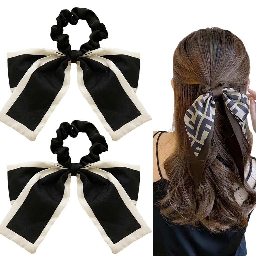 2 Pcs Black White Hair Accessories: Chiffon Ribbon Bow Scrunchies, Short Hair Ties with Bow for Women and Girls (Black)