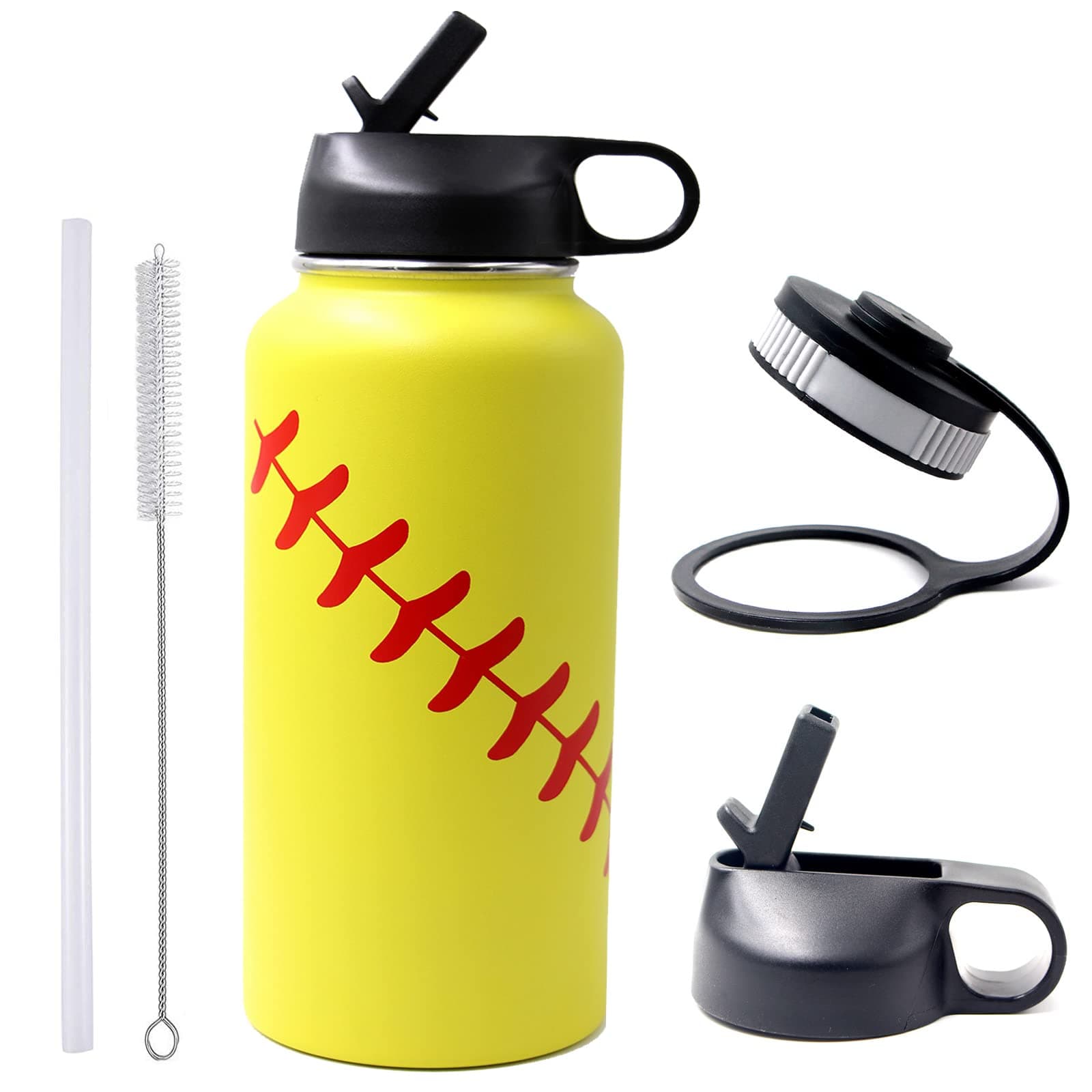 32 oz Softball Water Bottle, Stainless Steel Vacuum Insulated Water Bottle with Straw and 2 Lids, Double Wall Leakproof Sports Flask, Softball Gifts for Girls, Mom, Coach, Players