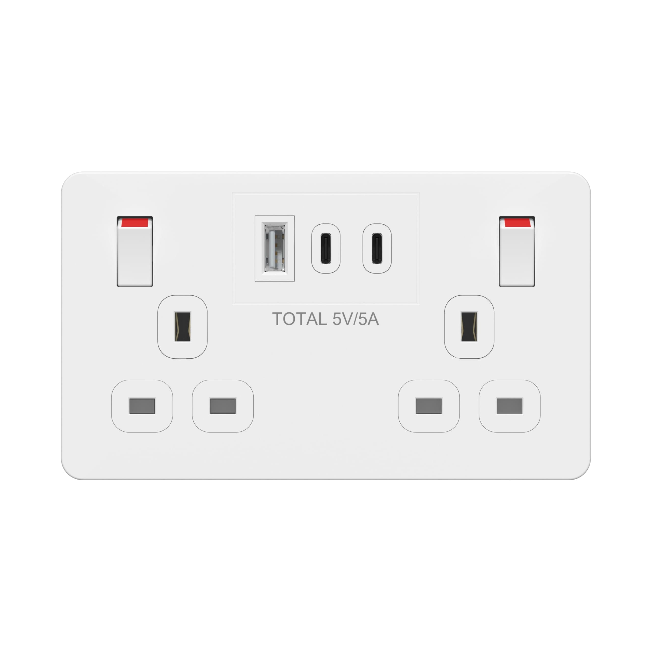 LIDER 2-Gang Switched 13A Double Socket with USB-C & A, 25W, White
