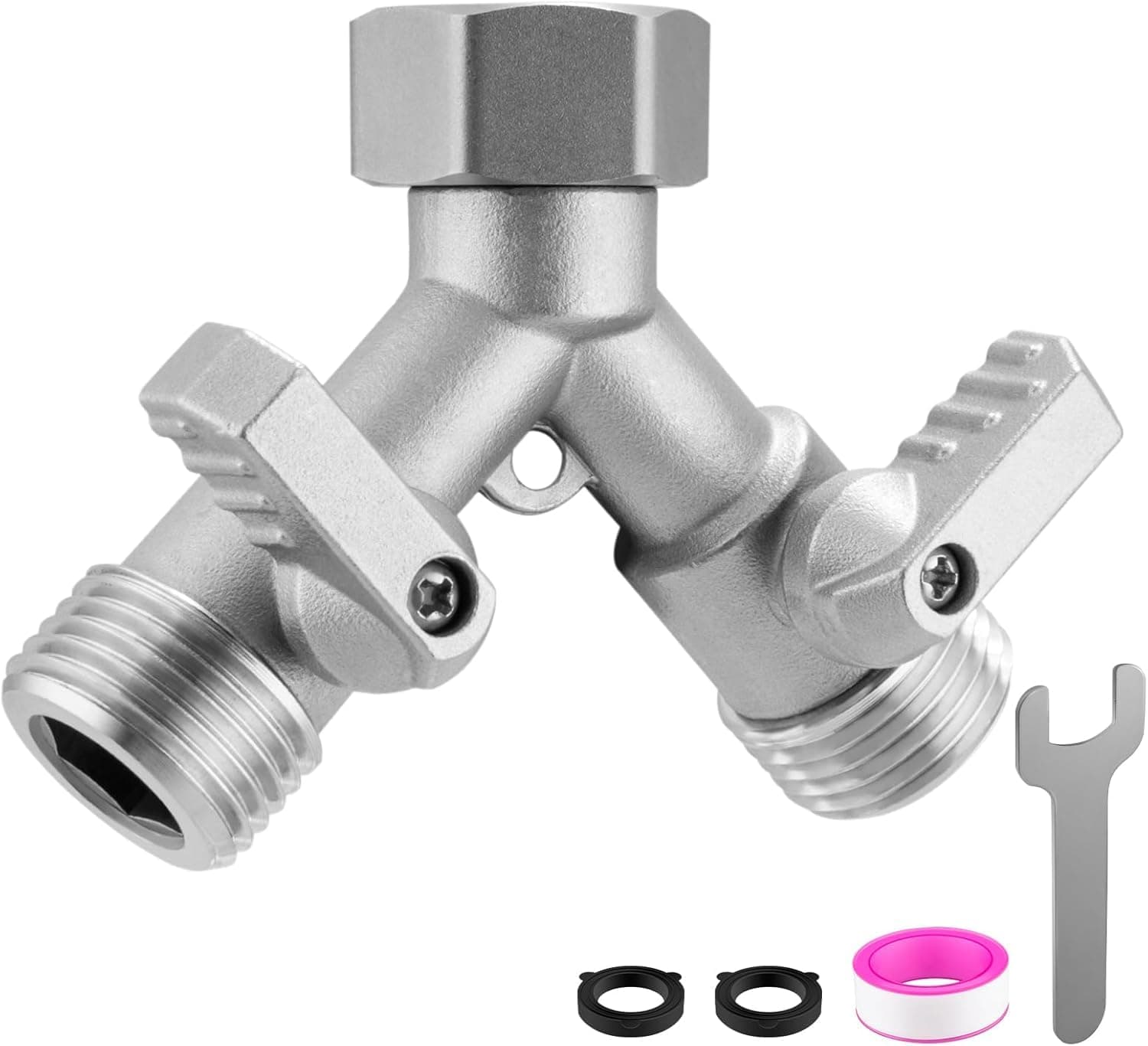 Garden Hose Splitter 2 Way Heavy Duty, All 304 Stainless Steel Hose Y Splitter with Shut Off Valves, 3/4" Outdoor Faucet Splitter for Yard & Irrigation