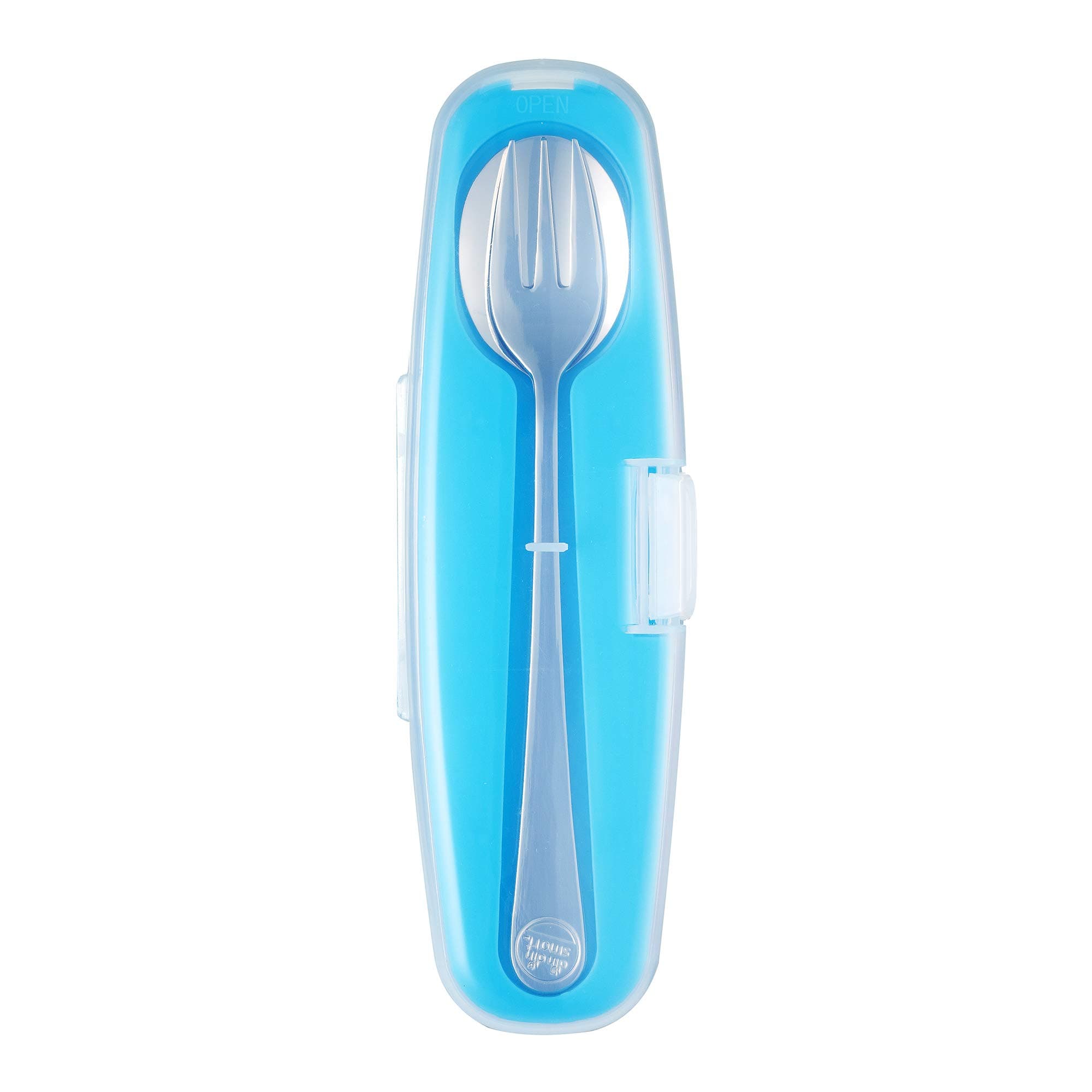 Innobaby Din Din Smart Stainless Steel Spoon and Fork with Carrying Case. Utensil Set for Kids and Toddlers. BPA Free. Blue.