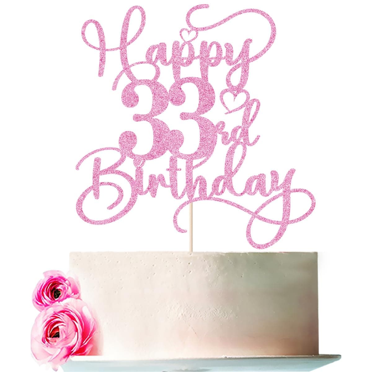 Bejotaa Pink Happy 33rd Birthday Cake Topper 1pcs Glitter Cake Topper for One Birthday/Anniversary Theme Party Cake Decorations Supplies (33rd)