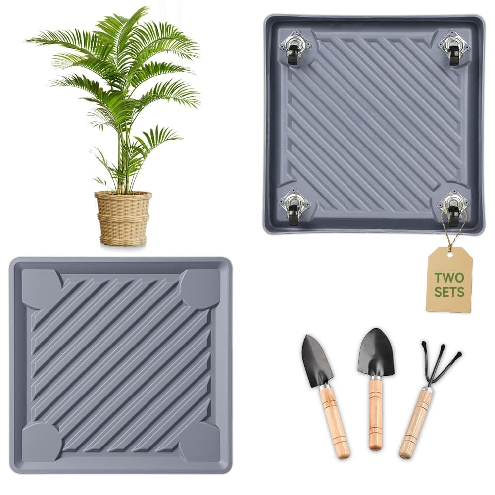 UoeRing 2 Pack-Square Plant Caddy with Hidden Wheels 12 Inch Heavy Duty Rolling Plant Stands Indoor Outdoor Plant Saucer Tray Dolly with $9.9 Garden Tools (Gray)