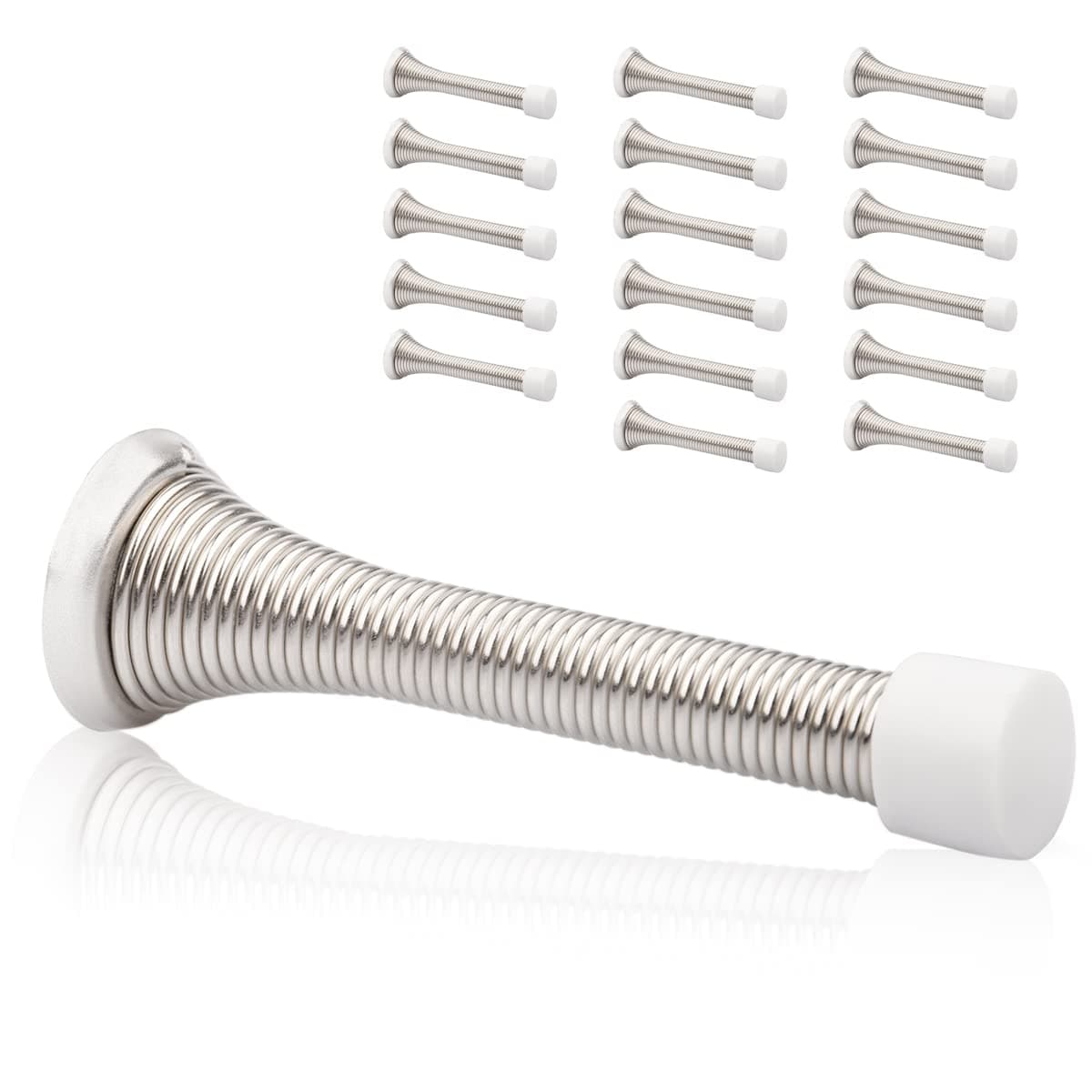 KOVOSCH 18 Pack Spring Door Stops Brushed Satin Nickel- 3-1/4" Flexible Spring Door Stopper with White Rubber Bumper Tips