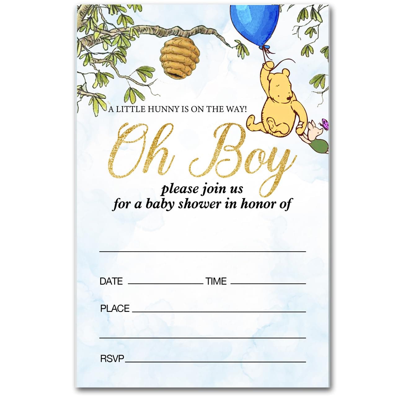 brayqu Winnie the Pooh Boy Baby Shower Party Invitations Pooh Bear Boy Baby Shower Party Invites Blue Balloon (20 Cards with Envelopes)