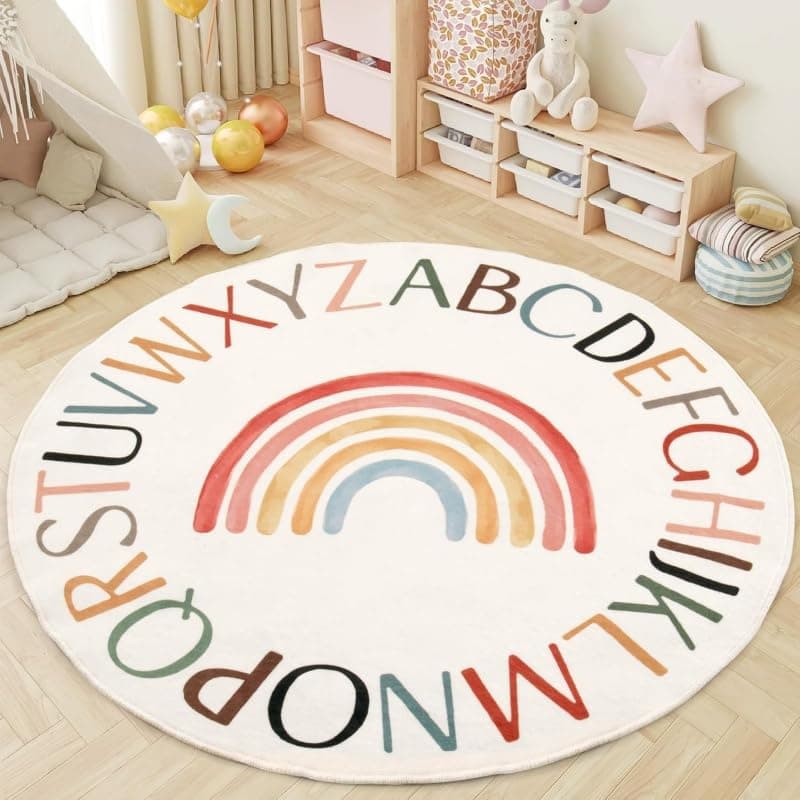 Poowe Nursery Rug Round Rainbow Classroom Rugs Elementary, Non-Slip Rainbow Mats for Girls Room,Learning Carpet for Kids Playroom, Circle Play Mat for Toddlers-47.2"