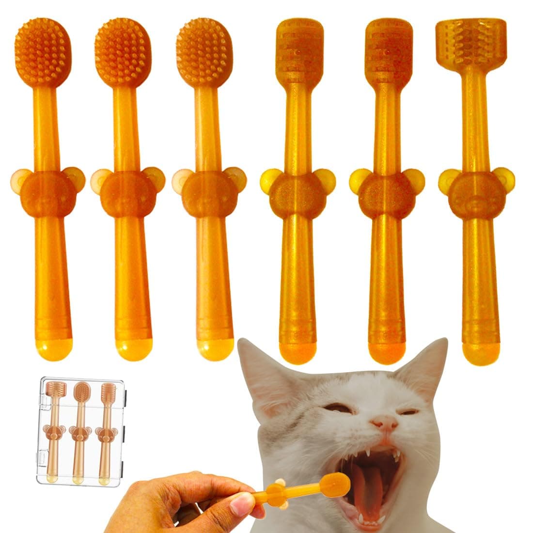 iMoloovi 3 Set of Cat & Small Dog Toothbrush Kit with Storage Box, Pets Toothbrush, 360° Silicone Mini Head Tongue Cleaning Brush, Pet Dental Care for Doggie Kitten Ferret