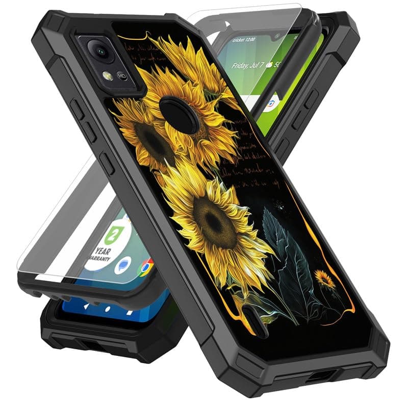 SDDFRHGH Case for Cricket Icon 5/att Motivate 4 Phone Case with Screen Protector (Tempered Glass),Slim TPU Rugged Corners Bumper Cover for Men Women-Sunflower Modern