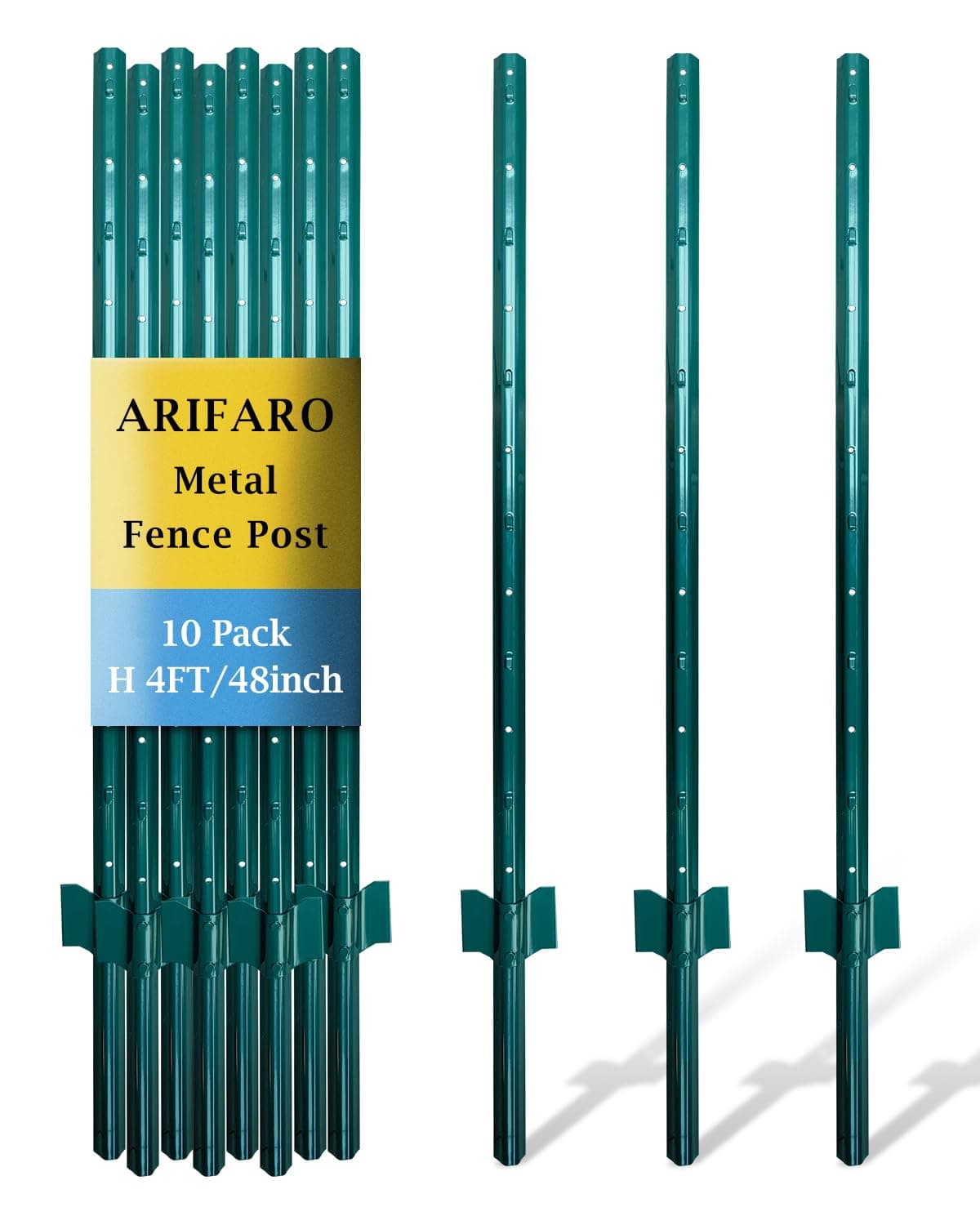 ARIFARO Fence Posts 4 Feet Sturdy Duty Metal Fencing Poles, Pack of 10, No Dig Garden U Post for Wire Fencing Steel Post for Yard, Outdoor Wire