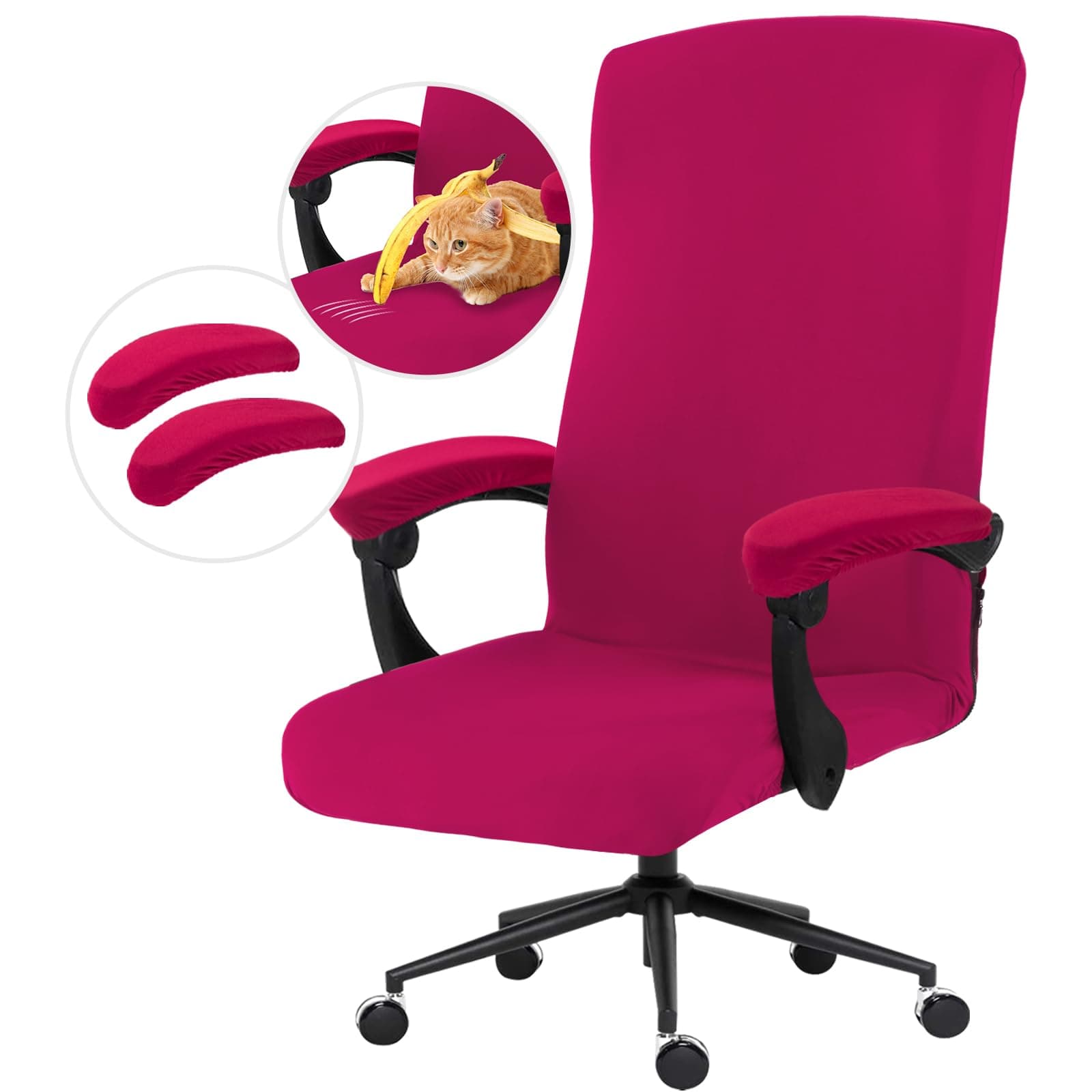 Stretch Computer Office Chair Cover with Armrest Covers Durable Zipper Universal Washable Removable Spandex Rotating Boss Chair Slipcovers Anti-dust Soft Desk Chair Seat Protector, Hot Pink