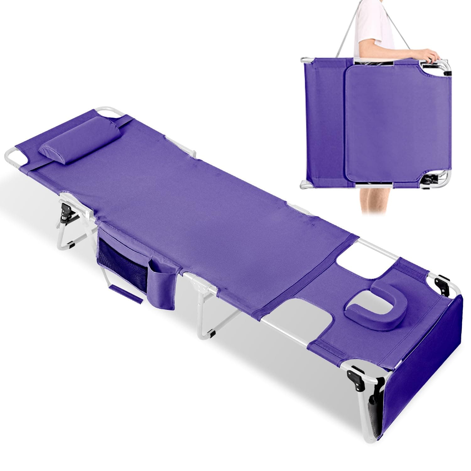 Tanning Chair with Face Hole,Adjustable Folding Chaise Lounge Chairs for Outside with Detachable Pillow & Pocket,Portable Flat Beach Chairs for Sunbathing, Beach lawns, Camping (Purple, Standard)