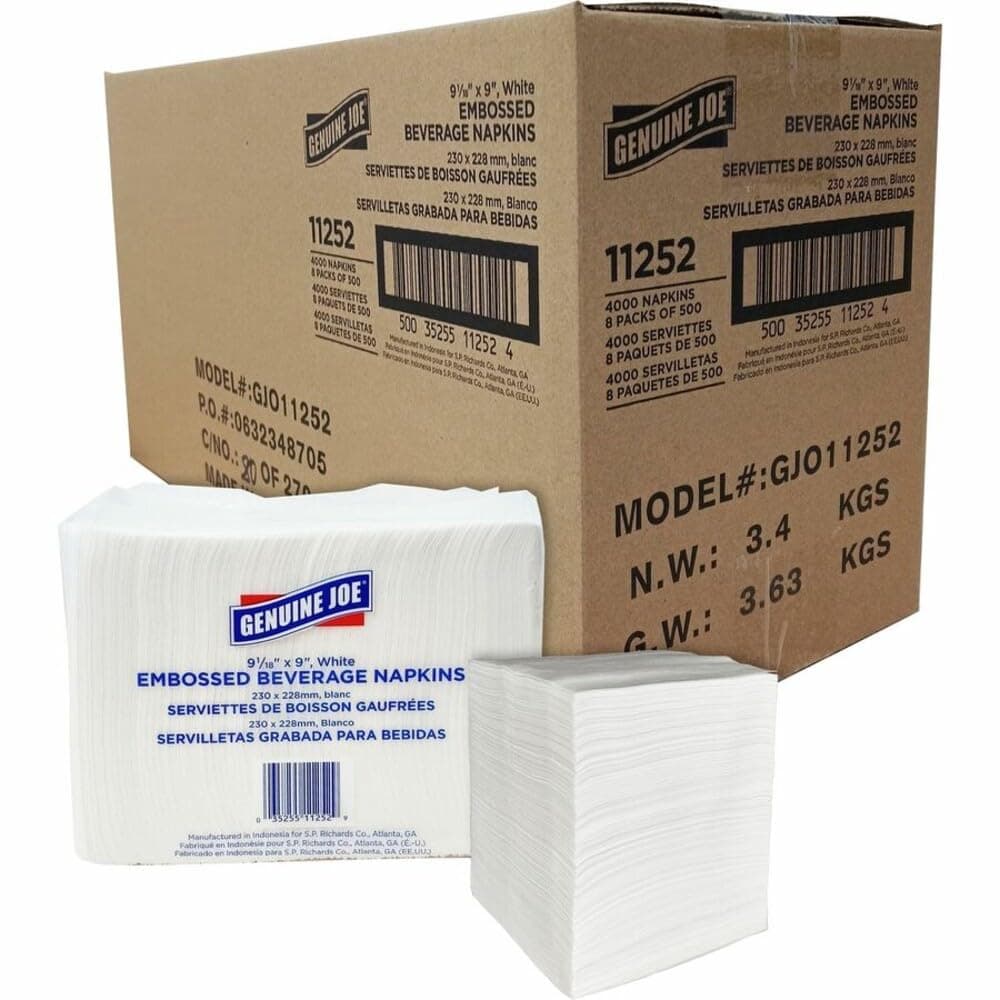 Genuine Joe Quad-fold Square Beverage Napkins -2 Ply -500 Sheets/Pack -4000/Carton -9.50-Inch x9.50-Inch -White