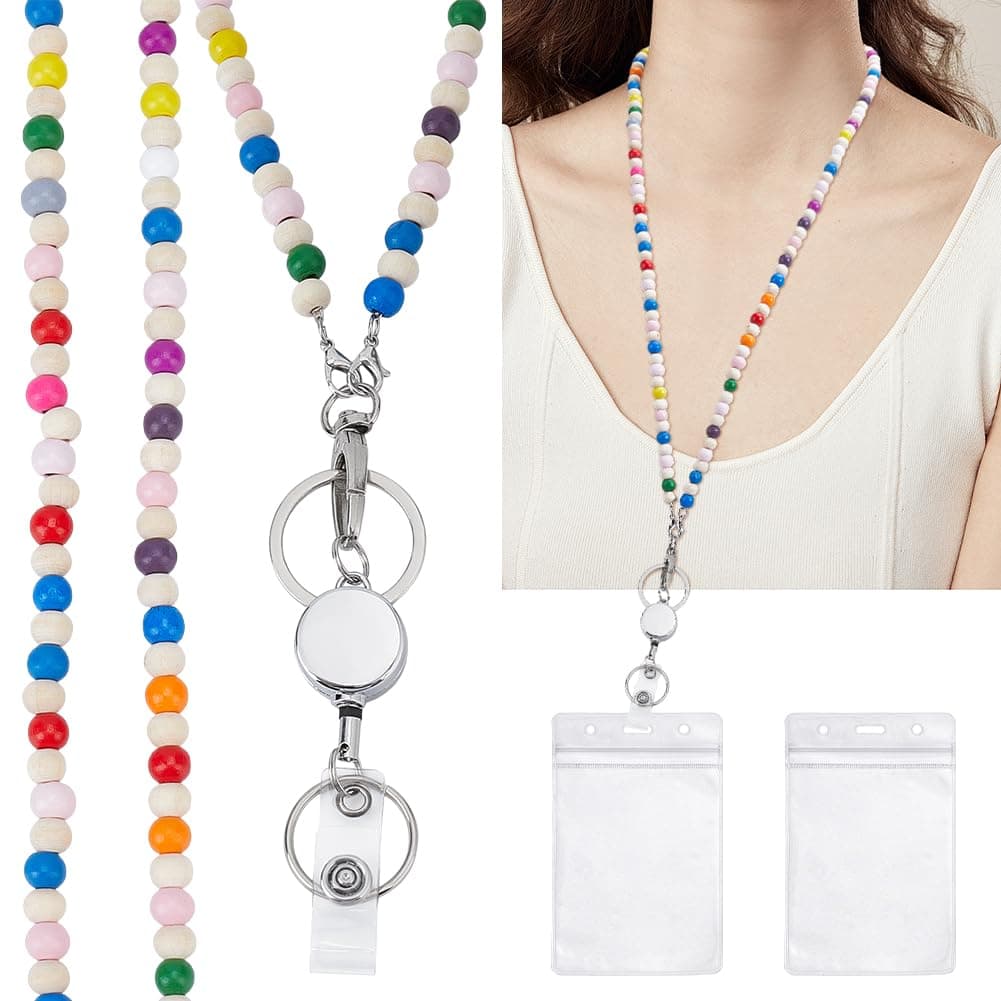 CRAFTYMELODY Teacher Lanyard with ID Holder Round Wooden Colorful Beaded ID Badges Alloy Plastic Sequin Beadable Badge Reels Teacher Lanyard Name Card Holders for Keys Eyeglass Chains
