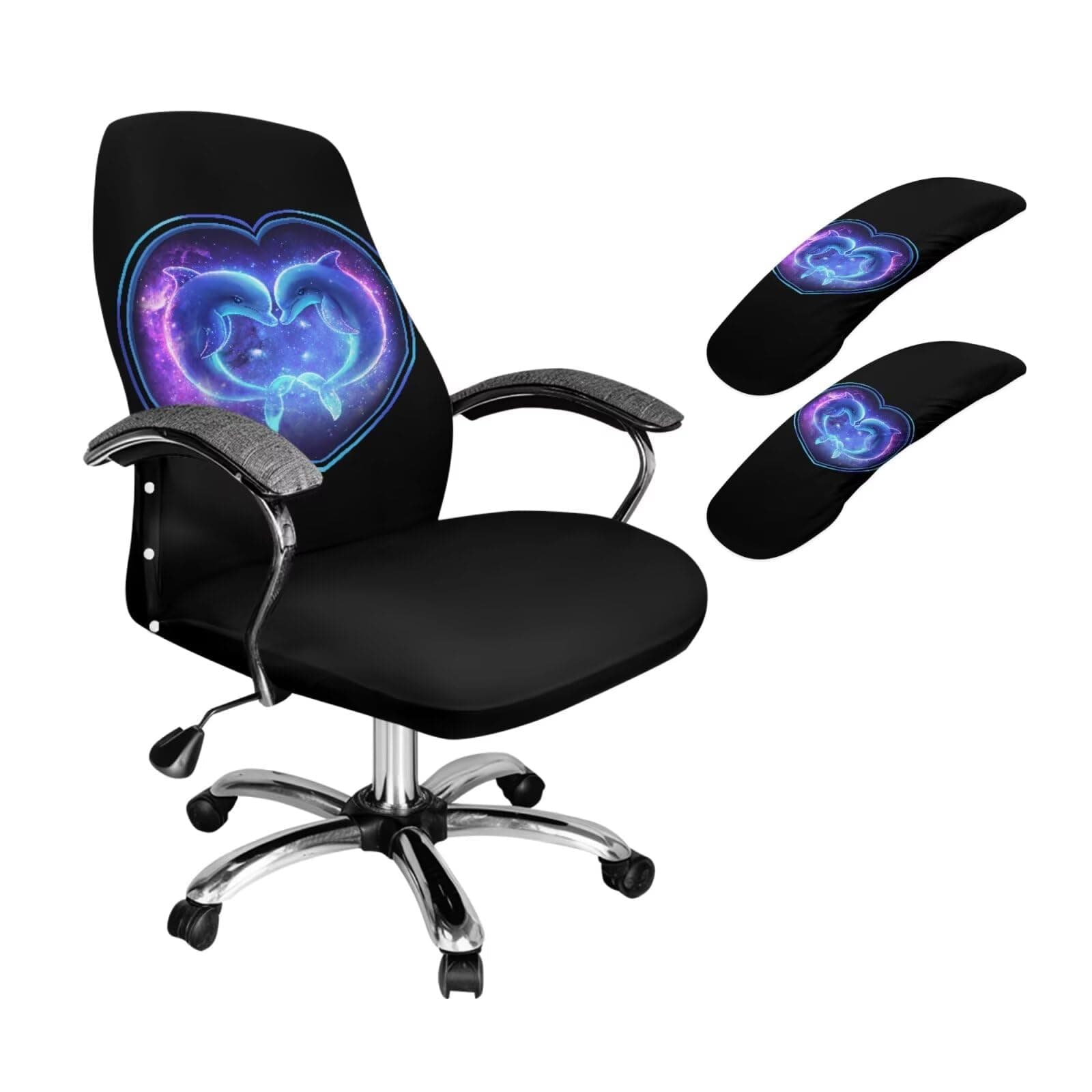 Batyqompu Dolphin Heart Black Office Chair Protector with Armrest Slipcovers 3 Pieces Set Washable Boss Chair Covers Anti-dust Removable Rotating Chair Cover, S