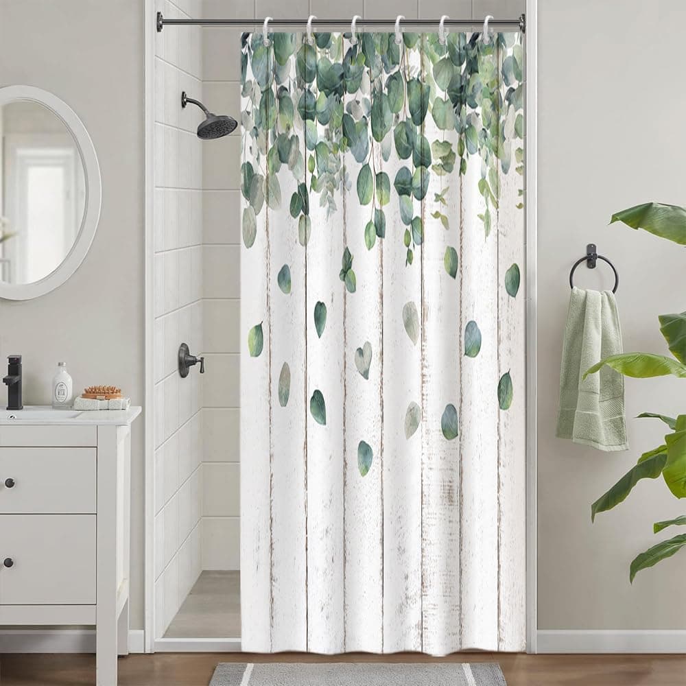 Uiiooazy Green Eucalyptus Stall Shower Curtain, Rustic Leaves Shower Curtain Wooden Board Background Bath Curtain Anti Mildew Waterproof Polyetser Washable Bathroom Curtain with 6 Hooks 90Wx180Hcm
