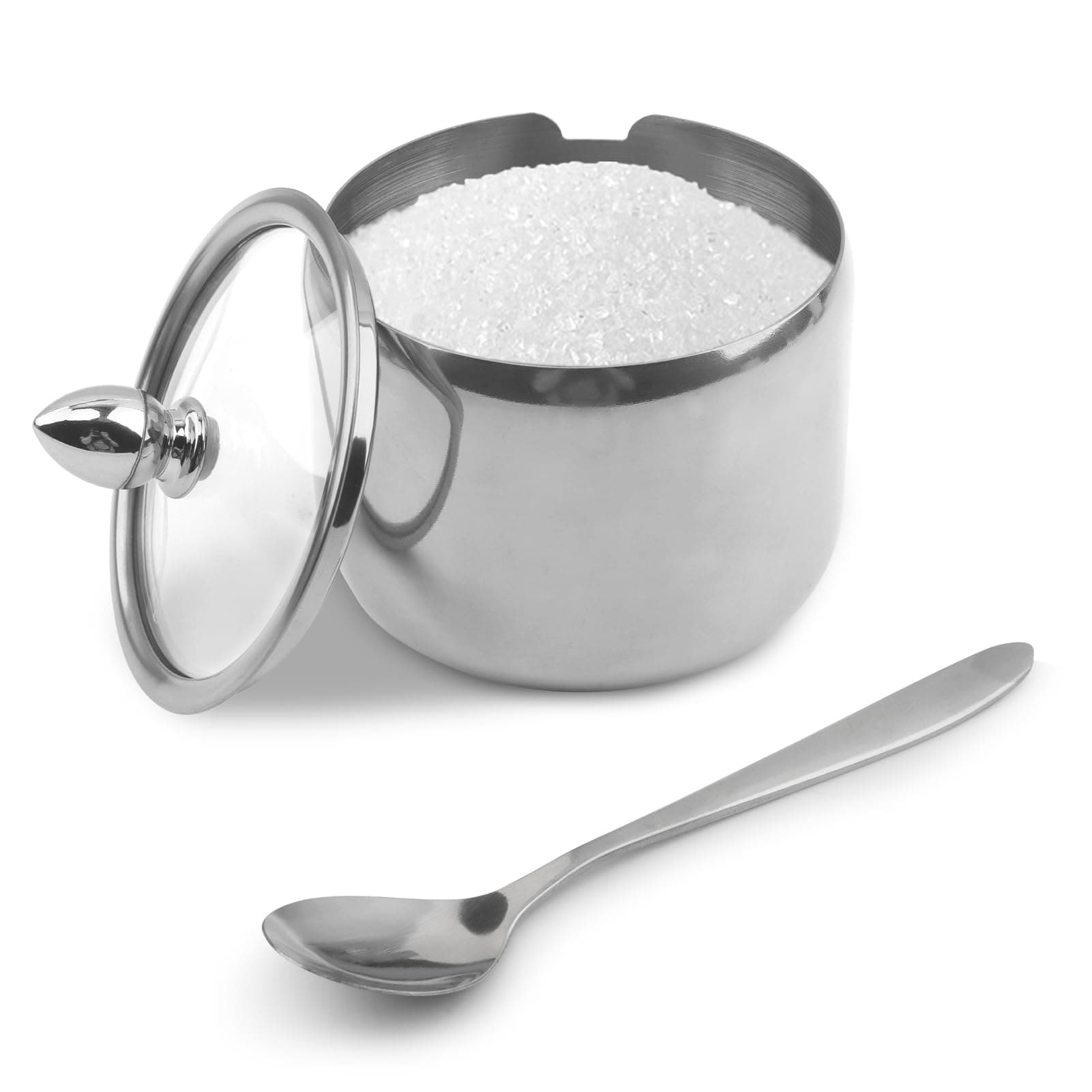 Olnverath 10oz Sugar Bowl with Lid and Spoon, Durable Sugar Pot for Coffee Bar Accessories, Stainless Steel Holder Jar for Salt, Tea, Candy, Home and Kitchen Storage(Silver)