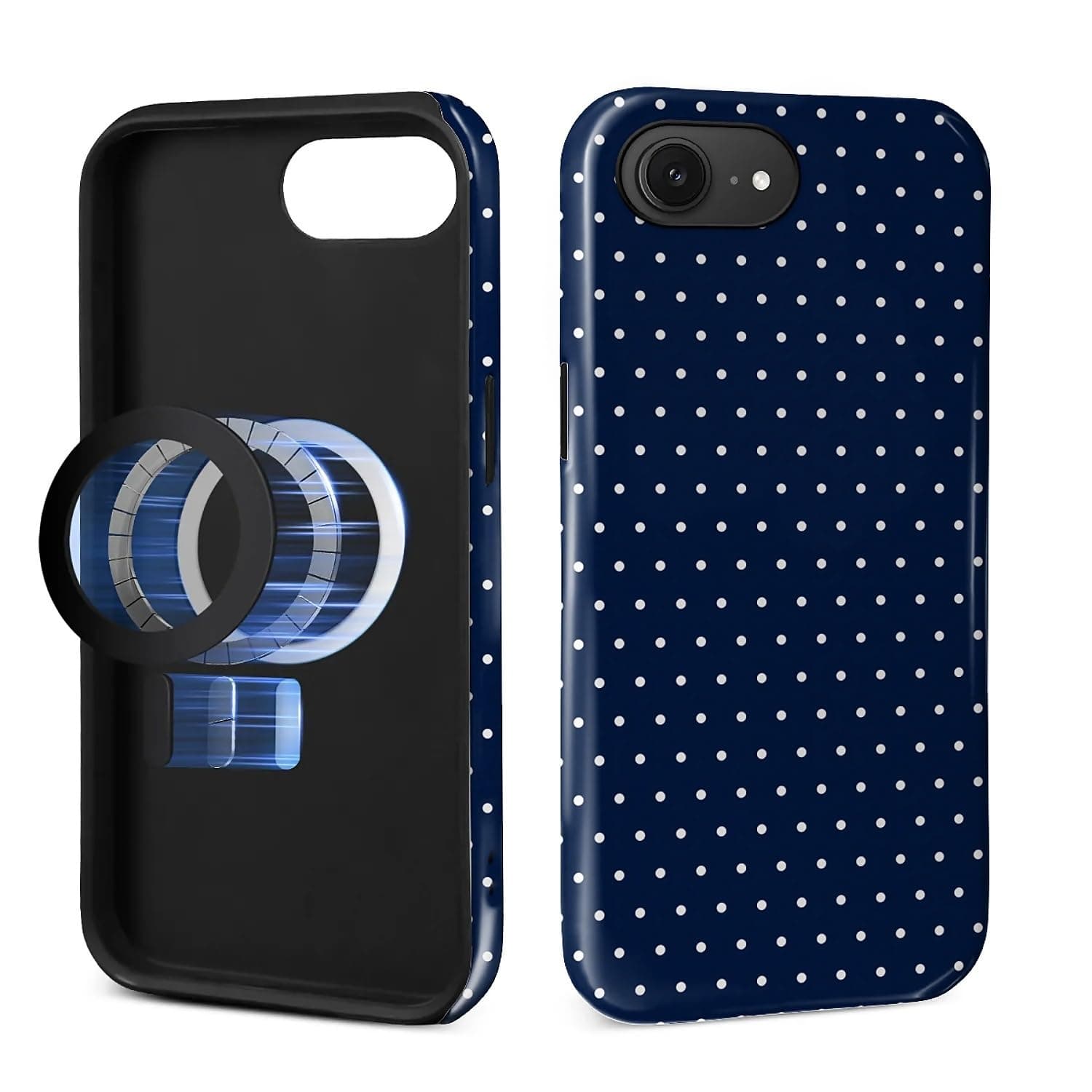 MQJCYB Magnetic Case for iPhone 16e Design,Compatible with MagSafe,Slim Protective Soft TPU Bumper Phone Cover Women Girls Case for iPhone 16e-Polka Dot Aesthetics Navy Blue
