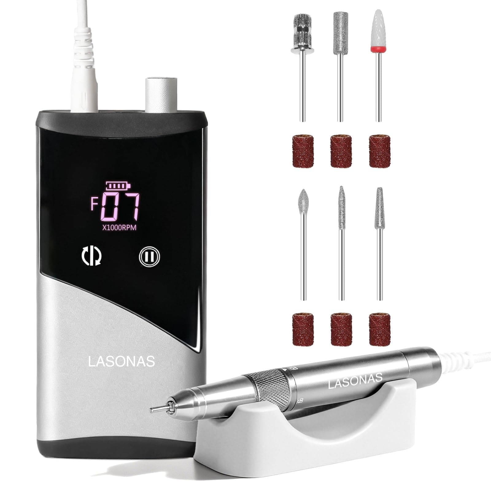 Professional Nail Drill Machine - LASONAS 40000 RPM Cordless Electric Nail File with Silent Brushless Motor, Rechargeable Portable Nail Drill and Bits for Acrylic Gel Nails Polishing Removing