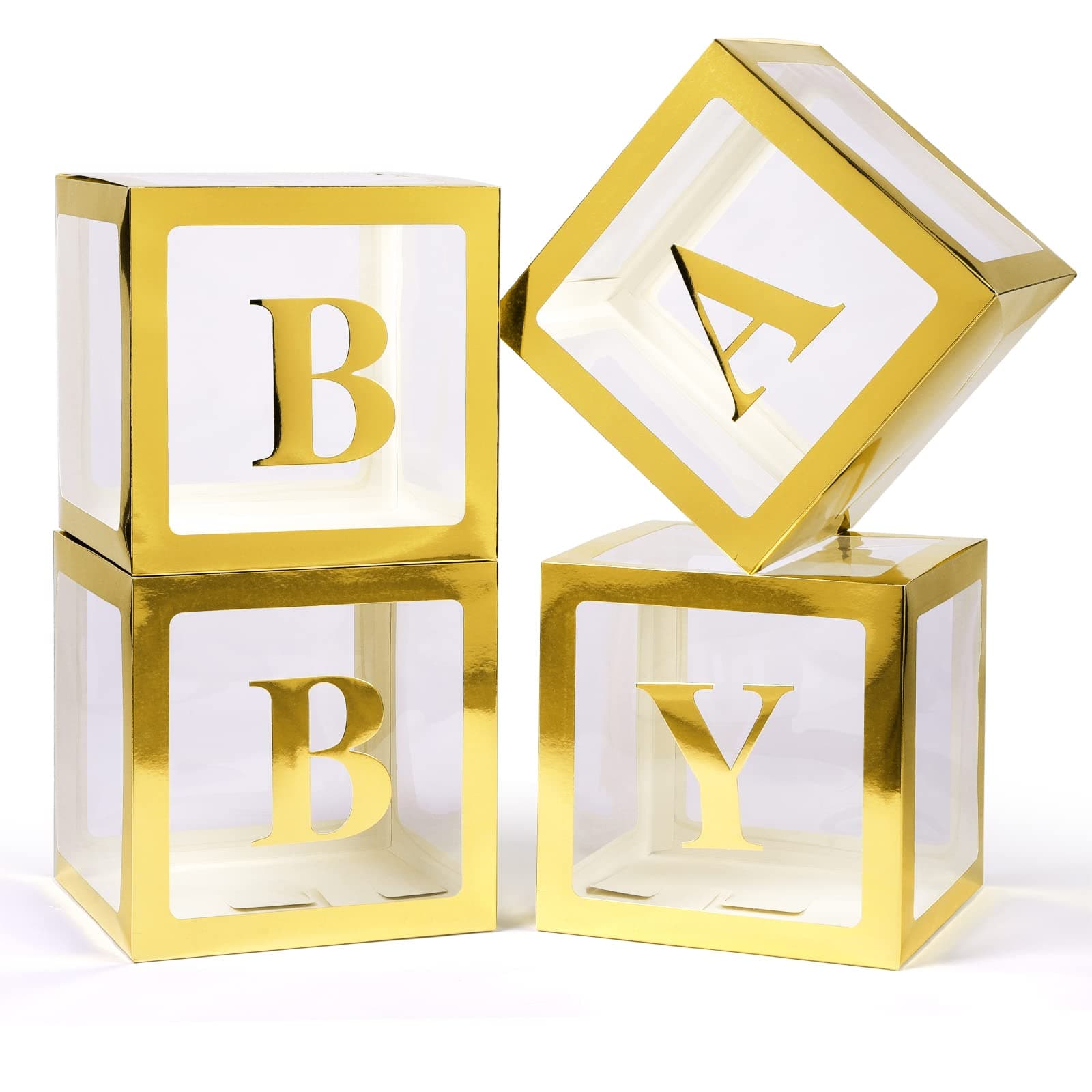 Voircoloria Baby Boxes with Letters, Gold, 4 Transparent Balloon Boxes