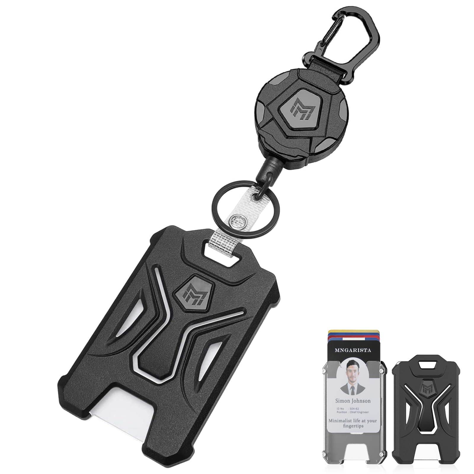 MNGARISTA Retractable Badge Holder,Heavy Duty Carabiner Clip Keychain Badge Reel,Tactical ID Card Key Holder with 31.5" Retractable, Black
