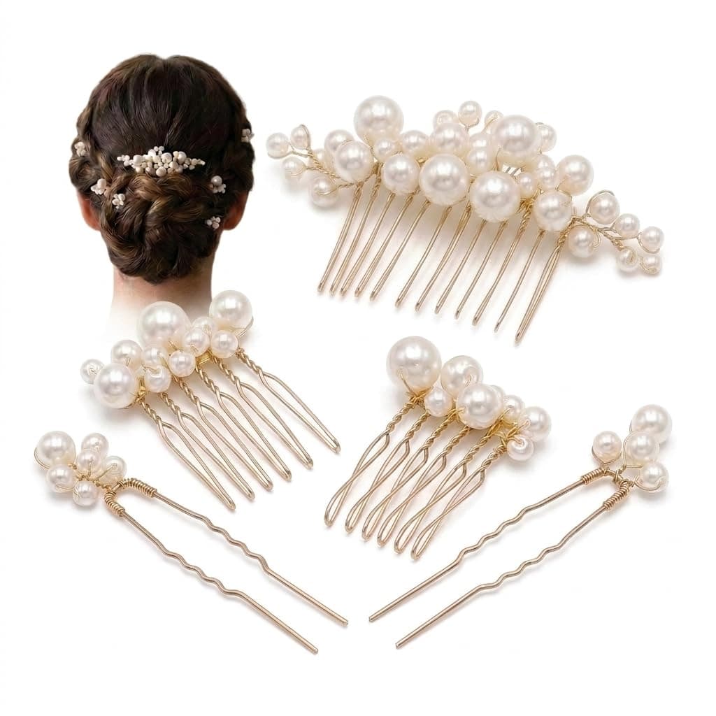 SANNIDHI® 5Pcs Hair Pins for Women Faux Pearl Hair Bun Pins Bridal Hair Accessories for Women Stylish Comb Clips for Hair Floral Wedding Hair Pins for Girls Bridesmaids