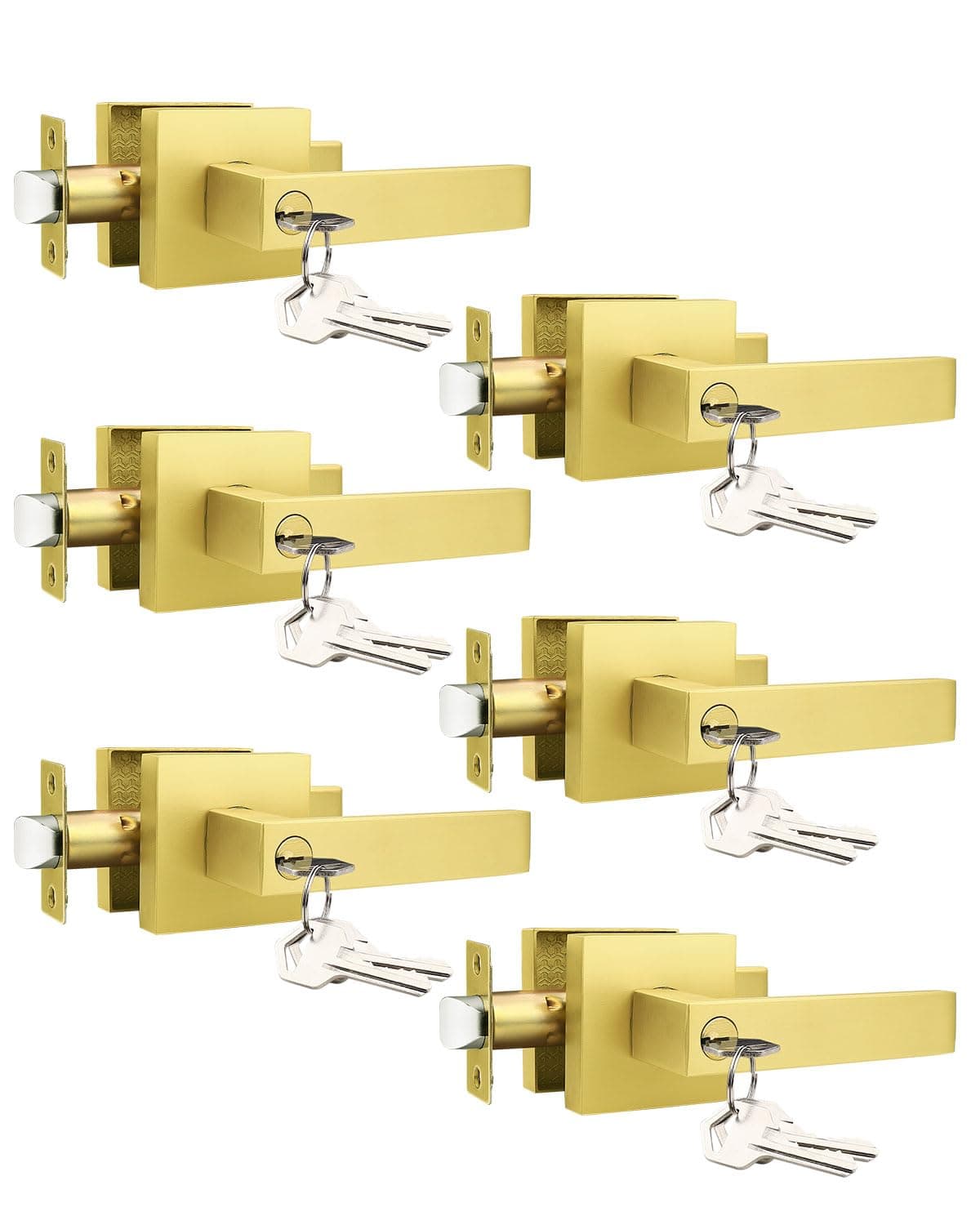 NIZADO 6 Pack Keyed Alike Exterior Door Handles, Gold Entry Door Lock for Front Door/Bedroom, Interior Door Knobs with Reversible Handle, Each Pack with Same Keys