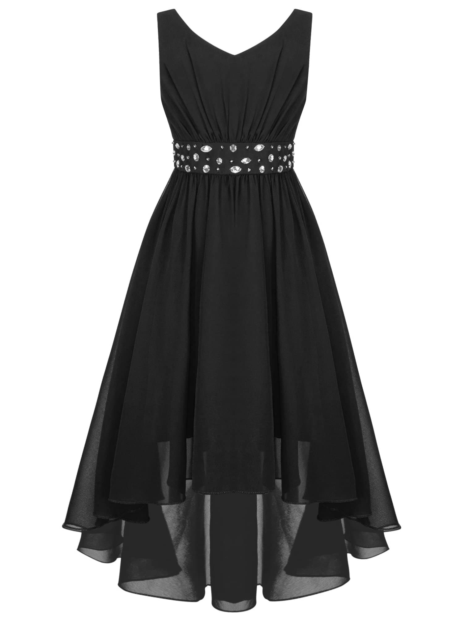 renvena Girls High Low Hem Flower Dress Kids V-Neck Sleeveless Chiffon Wedding Bridesmaid Party Ball Gown Black A 10 Years
