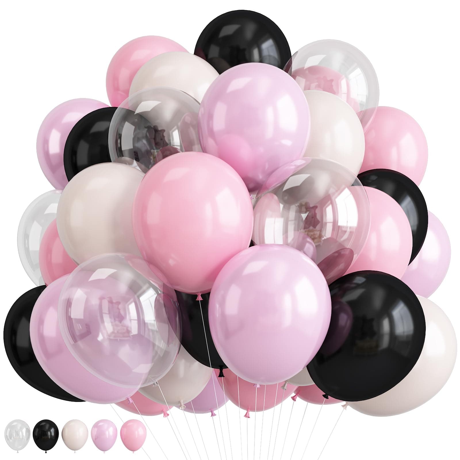 Black and Pink Balloons Set, Black White Clear Double Pearl White Pastel Pink Latex Balloons Set for Girl Women Bridal Baby Shower Wedding Valentines Sweet 16 Princess Birthday Party Decorations