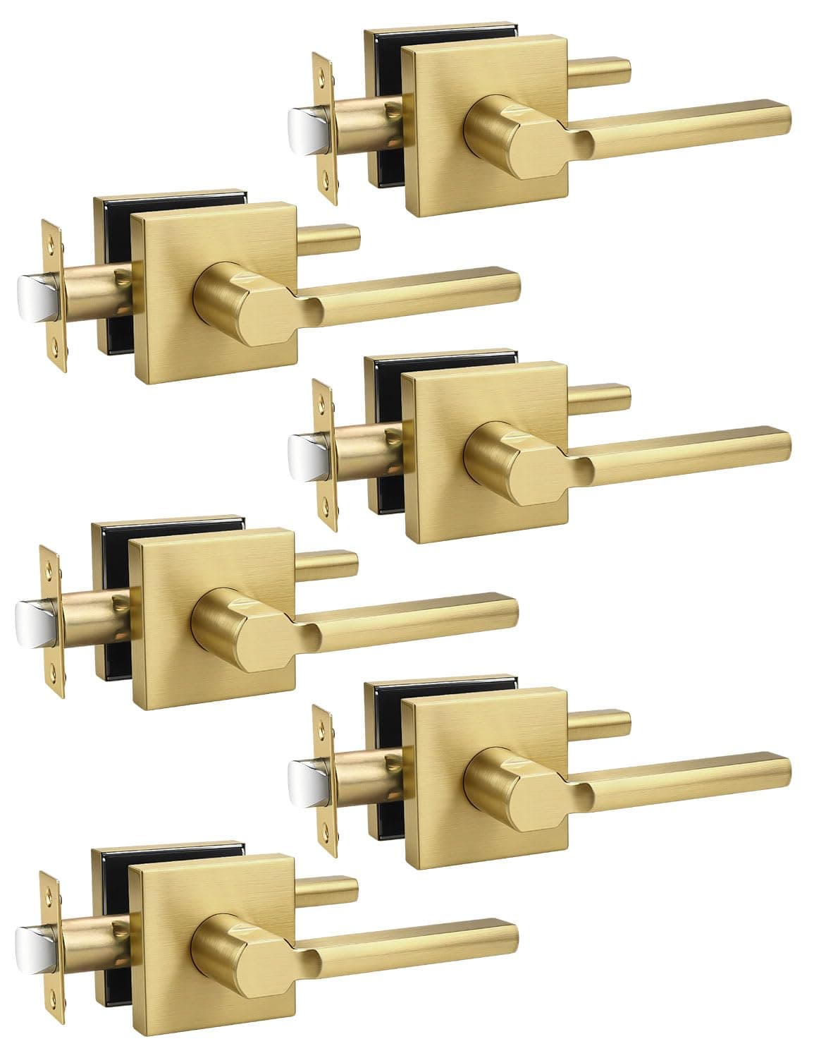 Tinewa 6 Pack Halifax Gold Keyless Square Levers Handles, Satin Brass Finish, Non-Locking Interior Passage Door Lock Hallway/Closet Door Lever, Heavy Duty Door Handles