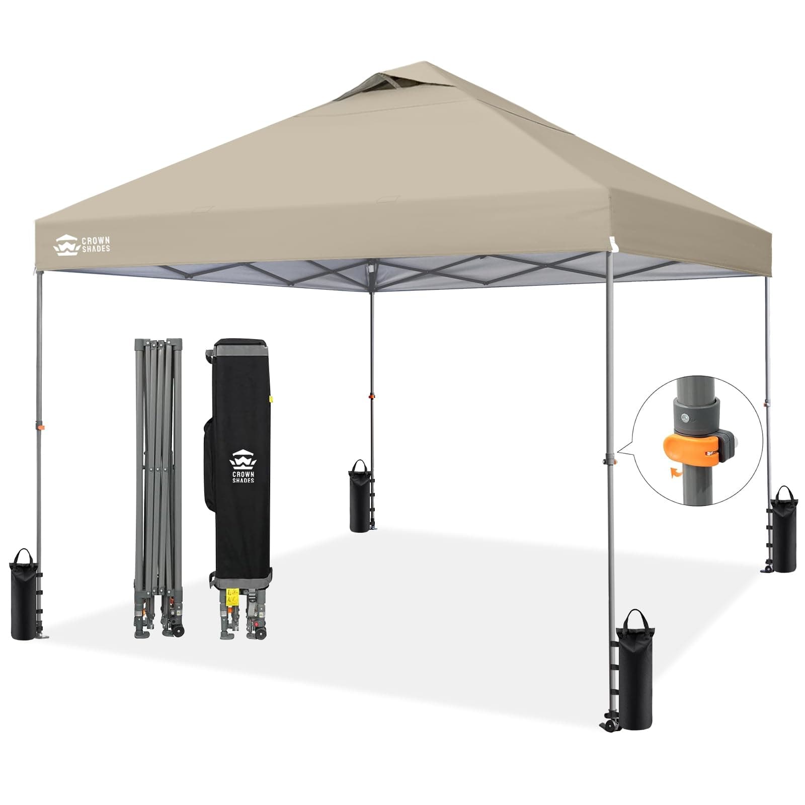 Crown Shades 10x10 Pop Up Canopy - Beach Tent with One Push Setup - Easy Outdoor Sun Shade for Events, Parties, Camping - Outside Shade with STO-N-Go Bag, Silver Coated Top, Infinite Height,Khaki