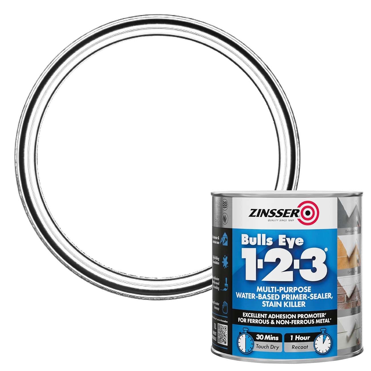 Zinsser Bulls Eye 1-2-3 Primer-Sealer & Stain Killer 1 Litre Smooth White Finish | For Ferrous and Non Ferrous Metal