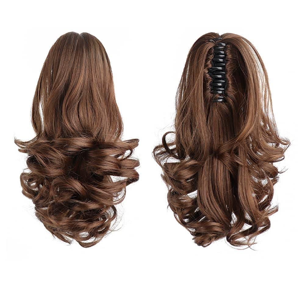 HSPJHTM Brown Ponytail Extensions,Claw Cilp Ponytails Extension for Women Curly 12" Synthetic Pony Tail Wavy Halloween Fluffy Hairpiece for Daily Use
