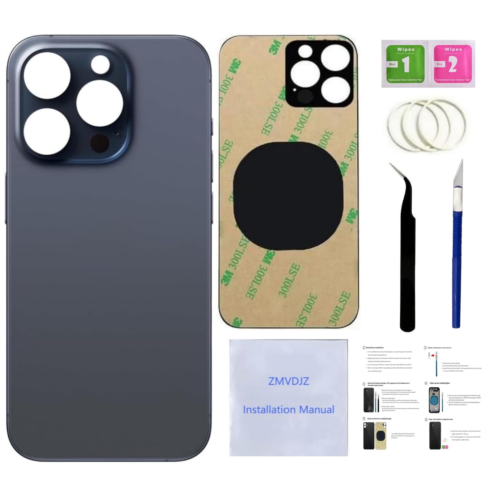 15 Pro Back Glass Replacement for iPhone 15 Pro Back Cover Glass (Blue Titanium, 6.1 Inches) with Pre-Installed Tape +Installation Instruction + Repair Tools (Blue Titanium)