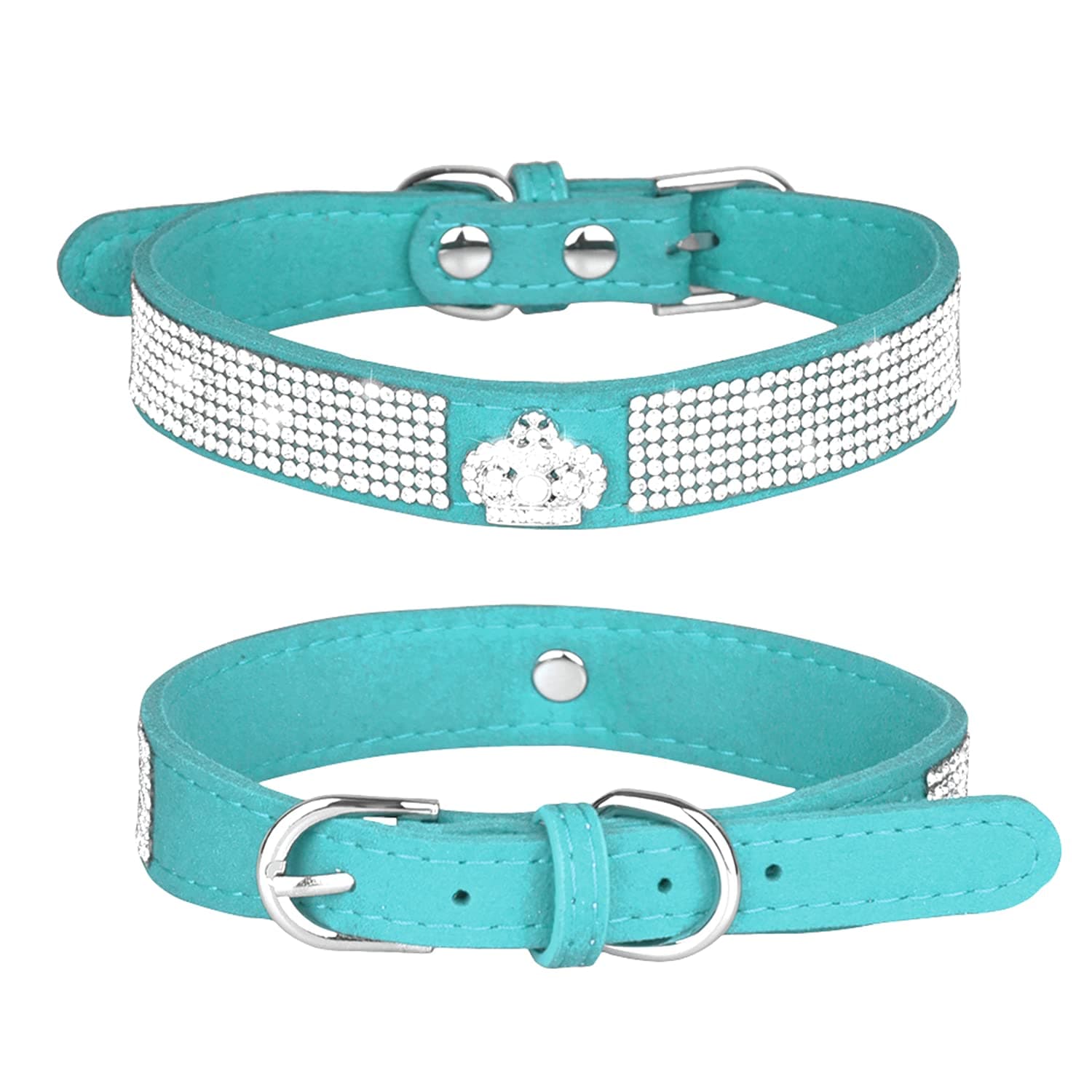 Pimaodog Rhinestone Dog Collar, Cute Dazzling Sparkling Soft Suede Leather Adjustable Pet Dog Cat Collar Crystal Diamond for Puppy Small Medium Large Dogs (L:38 - 46cm, Light Blue-4)