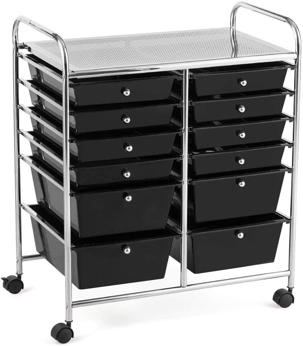 SPSUPE 12-Drawer Rolling Storage Cart, Utility Cart Storage Shelves with 4 Universal Wheels, Tools Scrapbook Paper Organizer, Ideal for Home Kitchen Office Organizing (Black)