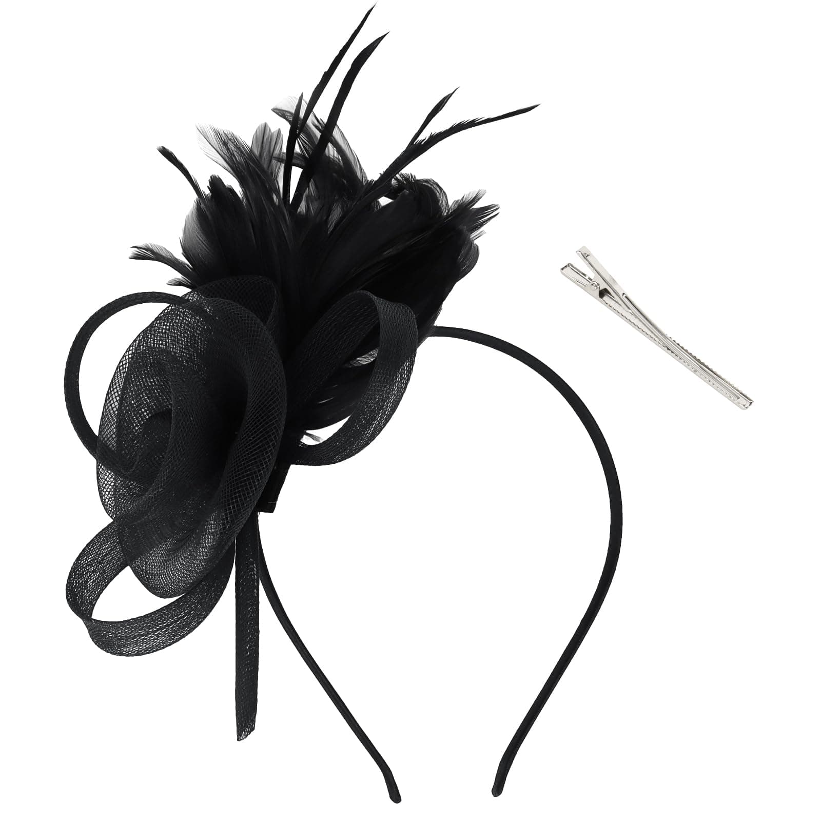 AMCAMI Fascinators Hats with Feather for Women 2026 Derby Hats Small Tea Party Hat with Headband, Black, One Size