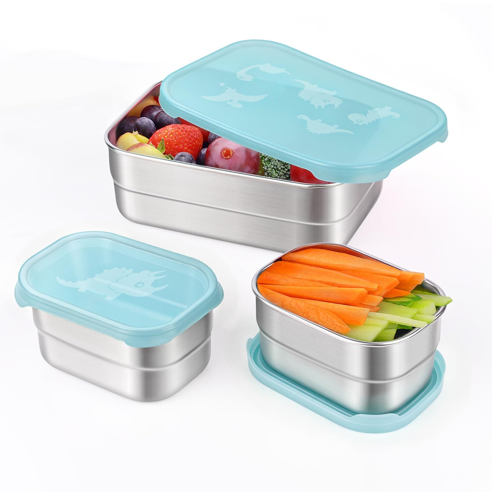 Tanjiae 3 Cup+1 Cup Stainless Steel Lunch Snack Containers Set | Leak Proof 304 Stainless Steel Food Containers with Silicone Lids - Perfect Metal Lunch Box for Home, Travel (25oz+8oz*2) (Blue-Green