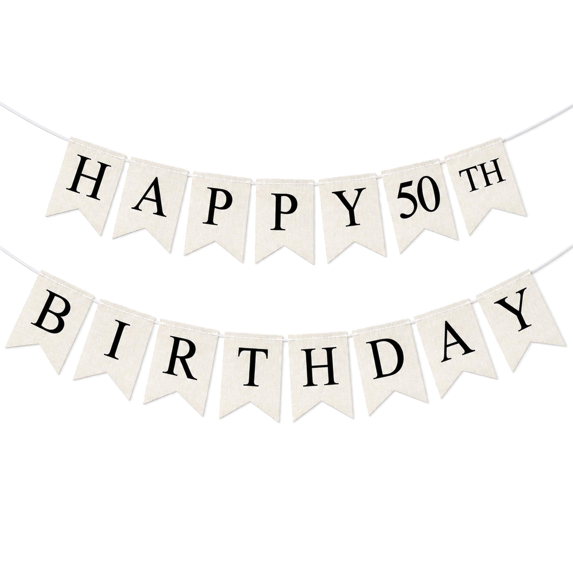 Pre-Strung Happy 50th Birthday Burlap Banner - Vintage Happy Birthday decorations Banner, Rustic Burlap Happy Birthday Party Decorations, Cream White with Black Letters,9.8 ft (50th)